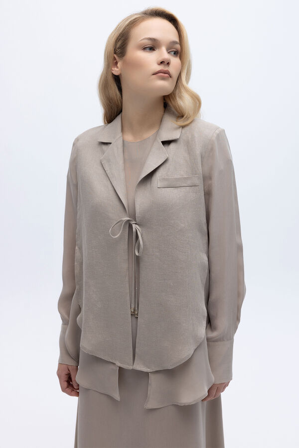 Bağlama Detaylı Keten Ceket-Elbise Takım Stone - 2