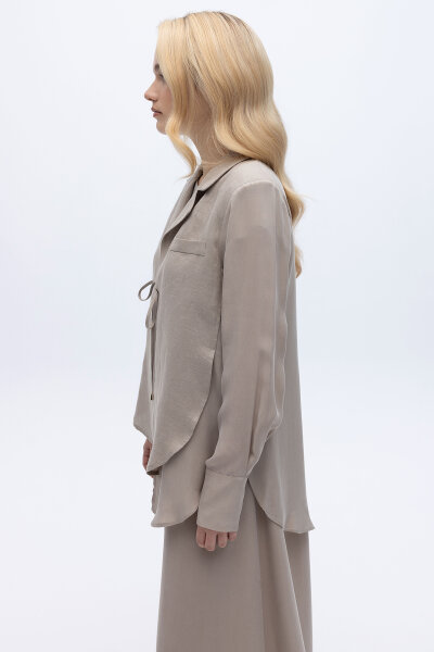 Bağlama Detaylı Keten Ceket-Elbise Takım Stone - 4