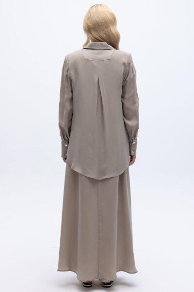 Bağlama Detaylı Keten Ceket-Elbise Takım Stone - 5