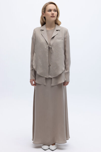 Bağlama Detaylı Keten Ceket-Elbise Takım Stone - 1