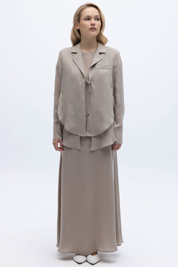 Bağlama Detaylı Keten Ceket-Elbise Takım Stone - 1