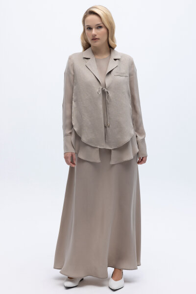 Bağlama Detaylı Keten Ceket-Elbise Takım Stone - 6