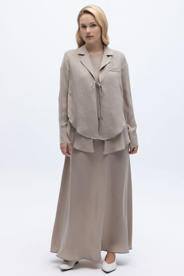 Bağlama Detaylı Keten Ceket-Elbise Takım Stone - 6