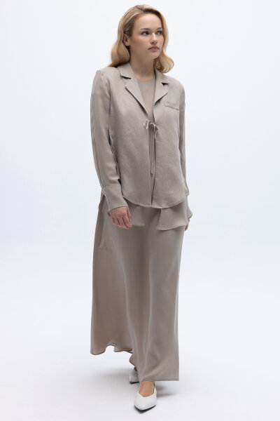 Bağlama Detaylı Keten Ceket-Elbise Takım Stone - 7