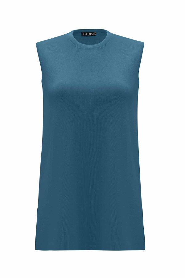 Basic Sleeveless Knitted Dark Blue Tunic - 1