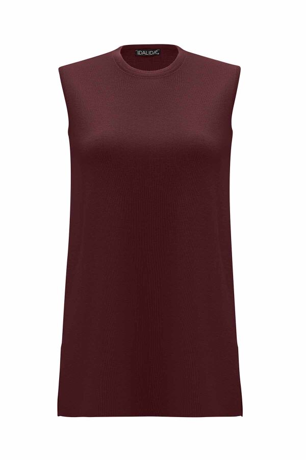 Basic Sleeveless Knitted Dark Burgundy Tunic - 1