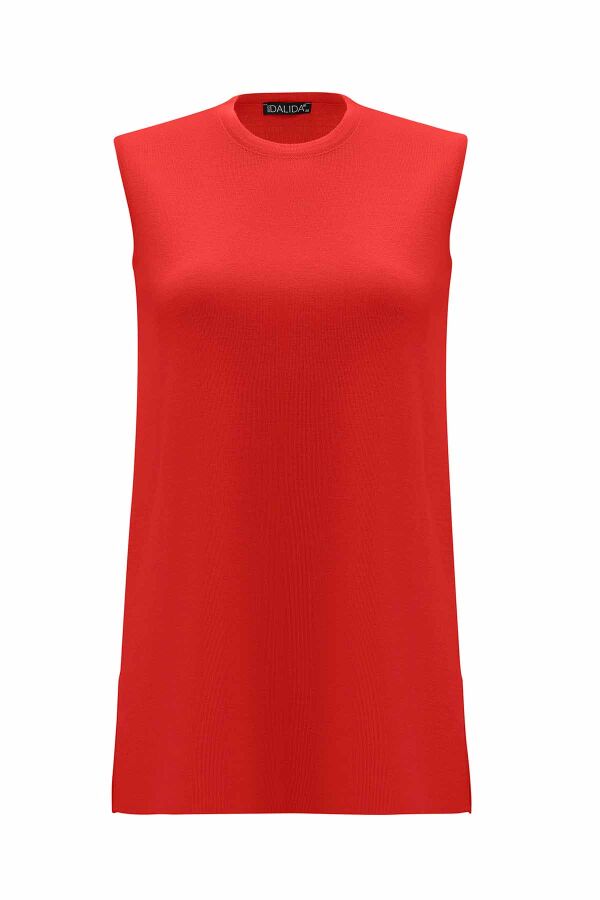 Basic Sleeveless Knitted Red Tunic - 1
