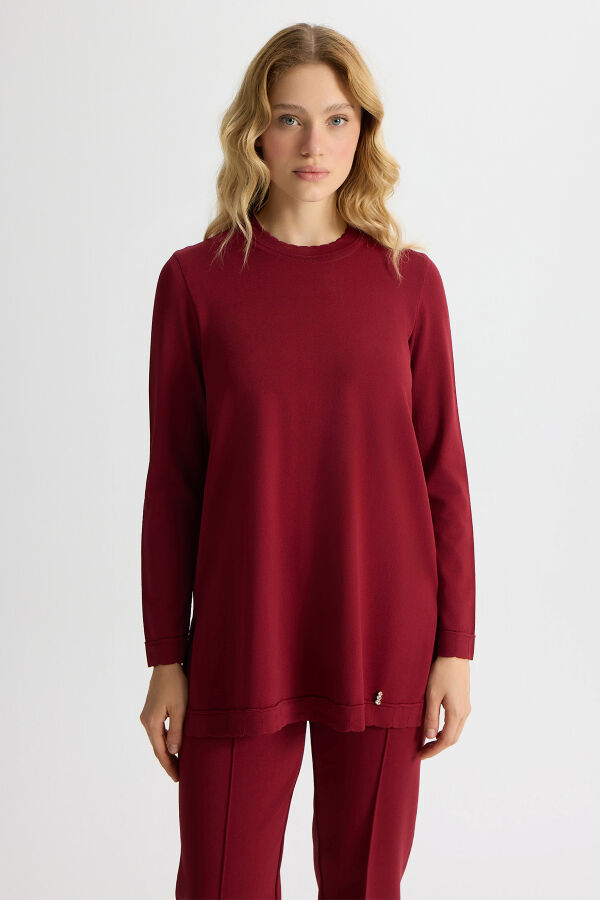 Basic Uzun Kollu Triko Tunik Cherry - 2