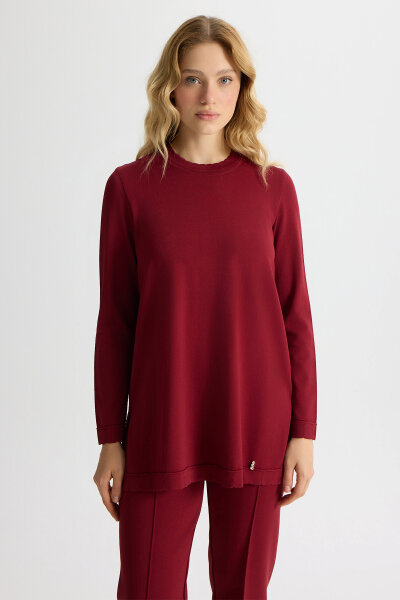 Basic Uzun Kollu Triko Tunik Cherry - 2