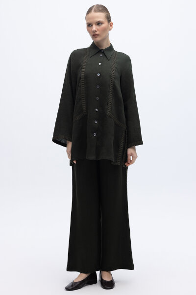 Bekletme Detaylı Bol Paça Keten Pantolon Siyah - 1