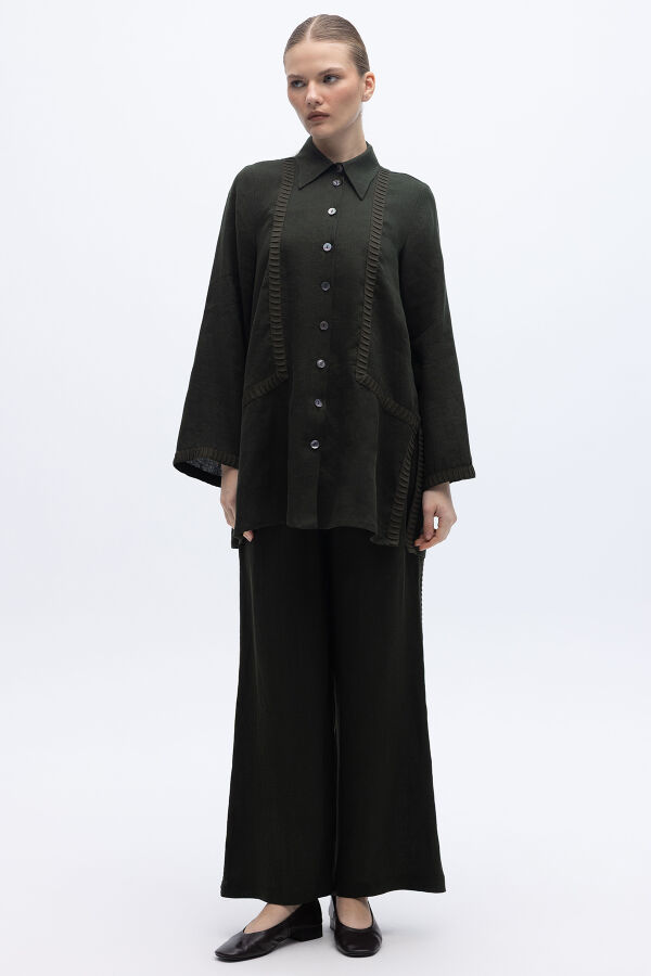 Bekletme Detaylı Bol Paça Keten Pantolon Siyah - 1