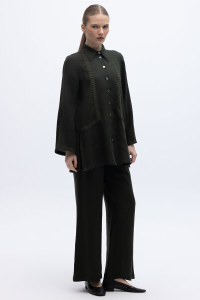 Bekletme Detaylı Bol Paça Keten Pantolon Siyah - 2