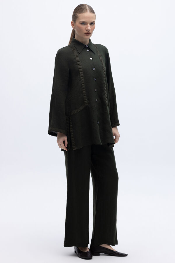 Bekletme Detaylı Bol Paça Keten Pantolon Siyah - 2