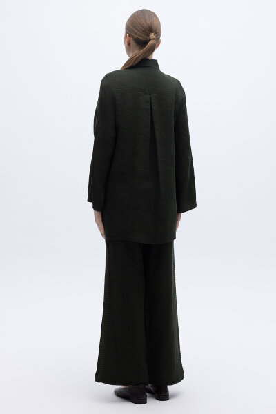 Bekletme Detaylı Bol Paça Keten Pantolon Siyah - 3