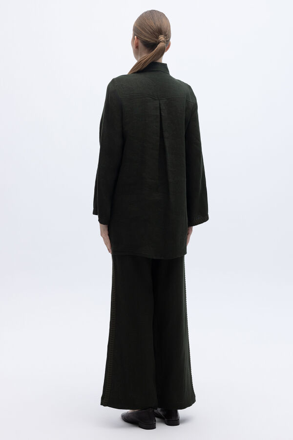 Bekletme Detaylı Bol Paça Keten Pantolon Siyah - 3