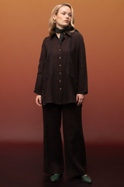 Bekletme Detaylı Bol Paça Keten Pantolon Kahverengi 