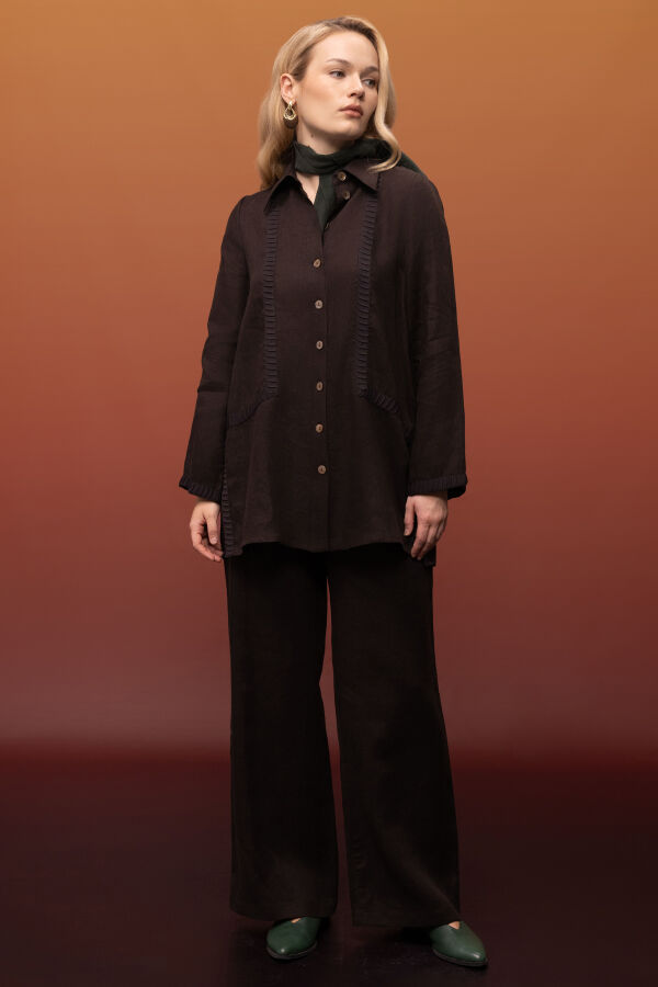 Bekletme Detaylı Bol Paça Keten Pantolon Kahverengi - 1