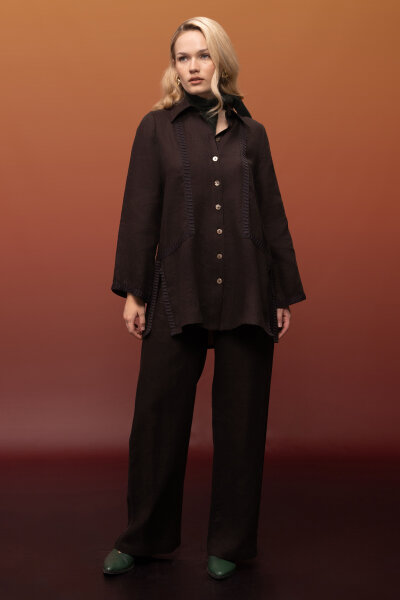 Bekletme Detaylı Bol Paça Keten Pantolon Kahverengi - 2