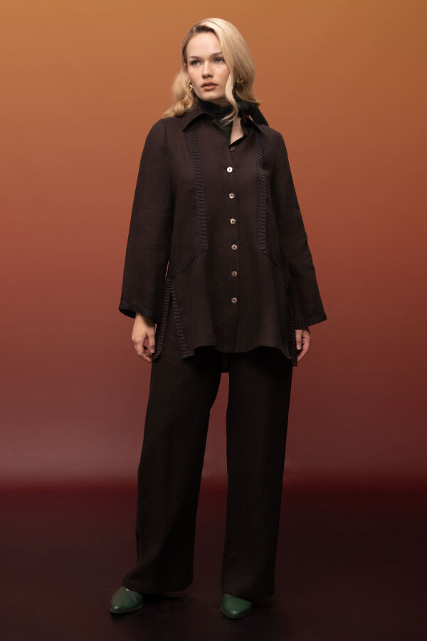 Bekletme Detaylı Bol Paça Keten Pantolon Kahverengi - 2