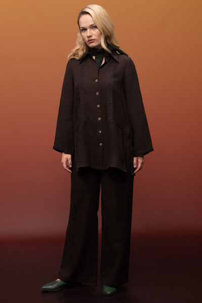 Bekletme Detaylı Bol Paça Keten Pantolon Kahverengi - 3