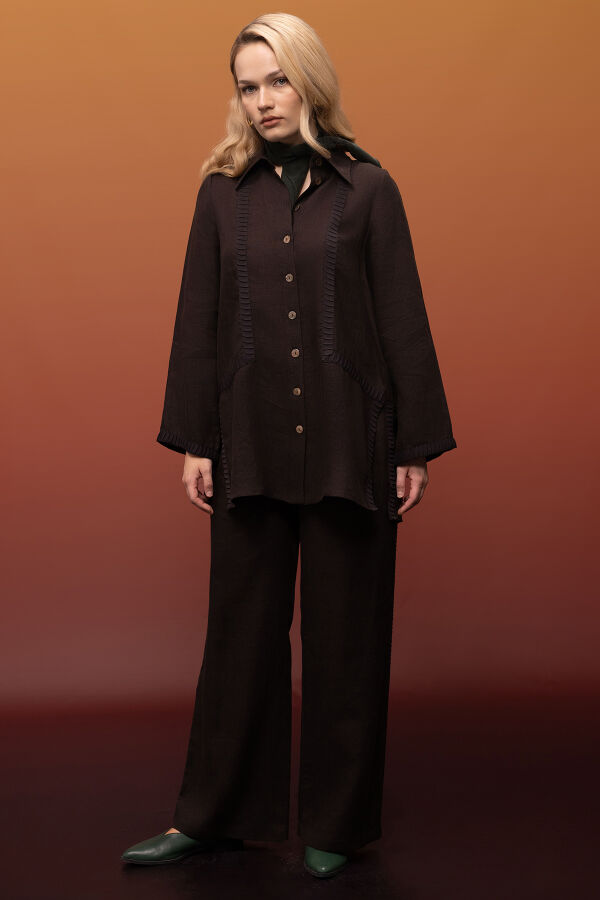 Bekletme Detaylı Bol Paça Keten Pantolon Kahverengi - 3