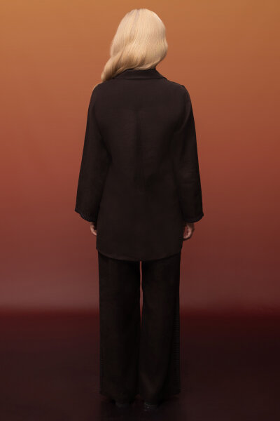 Bekletme Detaylı Bol Paça Keten Pantolon Kahverengi - 4