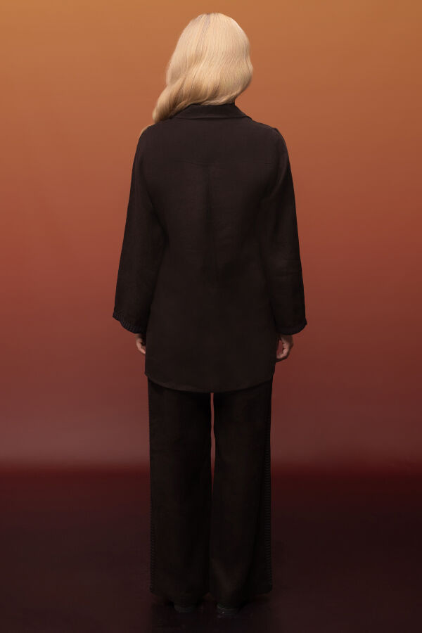 Bekletme Detaylı Bol Paça Keten Pantolon Kahverengi - 4