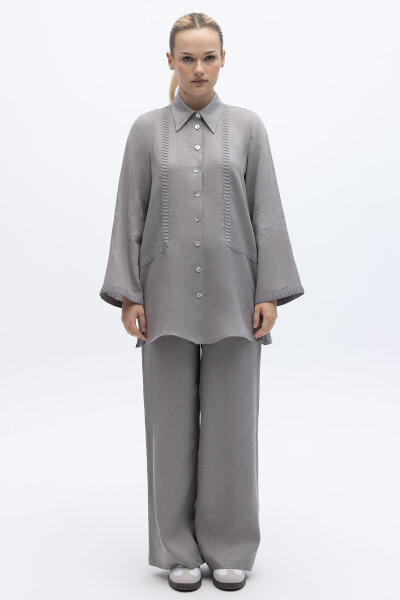 Bekletme Detaylı Bol Paça Keten Pantolon Gri 