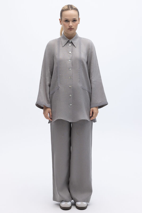 Bekletme Detaylı Bol Paça Keten Pantolon Gri - 1