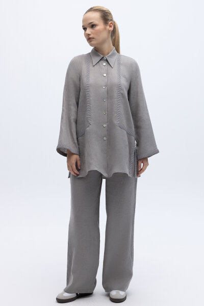 Bekletme Detaylı Bol Paça Keten Pantolon Gri - 3