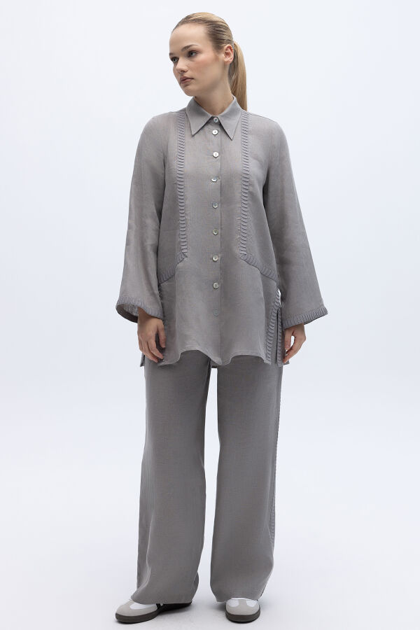 Bekletme Detaylı Bol Paça Keten Pantolon Gri - 3