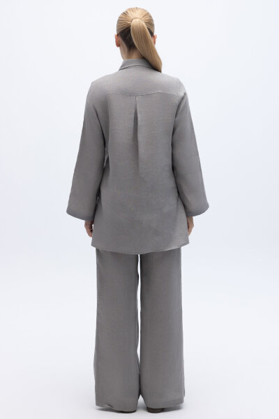 Bekletme Detaylı Bol Paça Keten Pantolon Gri - 4