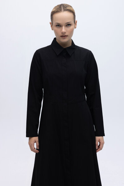 Belden Oturmalı Uzun Kollu Poplin Elbise Siyah - MISS DALIDA (1)
