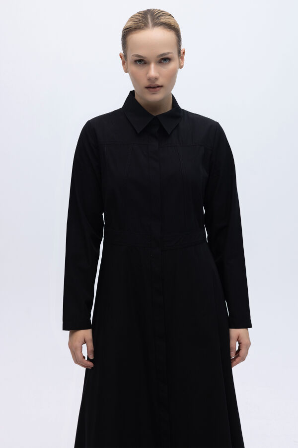 Belden Oturmalı Uzun Kollu Poplin Elbise Siyah - 2