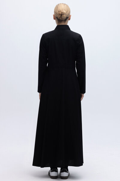 Belden Oturmalı Uzun Kollu Poplin Elbise Siyah - 3