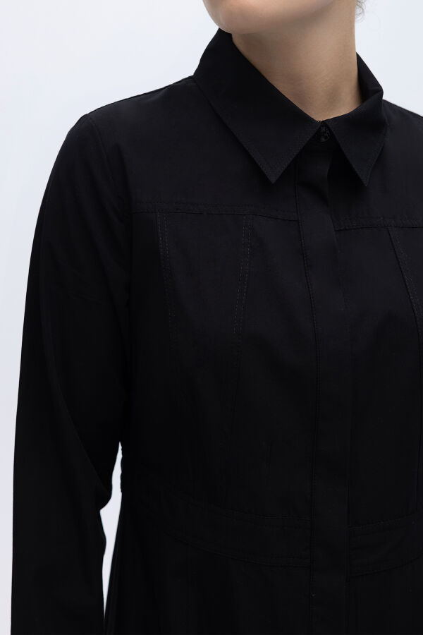 Belden Oturmalı Uzun Kollu Poplin Elbise Siyah - 4