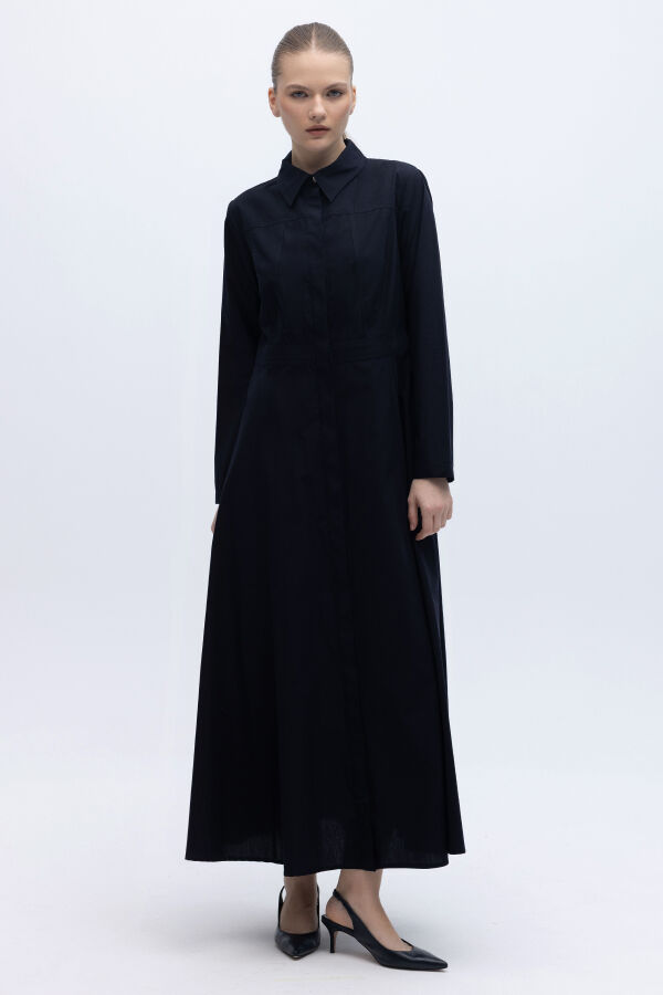 Belden Oturmalı Uzun Kollu Poplin Elbise Lacivert - 1