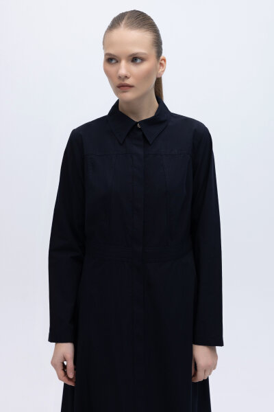 Belden Oturmalı Uzun Kollu Poplin Elbise Lacivert - 2