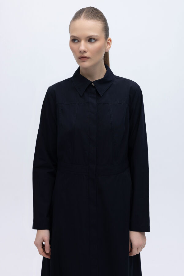 Belden Oturmalı Uzun Kollu Poplin Elbise Lacivert - 2