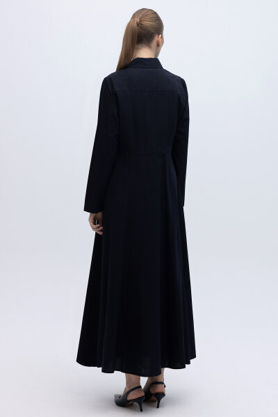 Belden Oturmalı Uzun Kollu Poplin Elbise Lacivert - 4