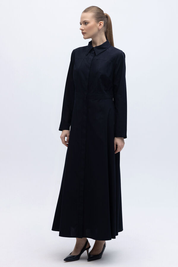 Belden Oturmalı Uzun Kollu Poplin Elbise Lacivert - 5