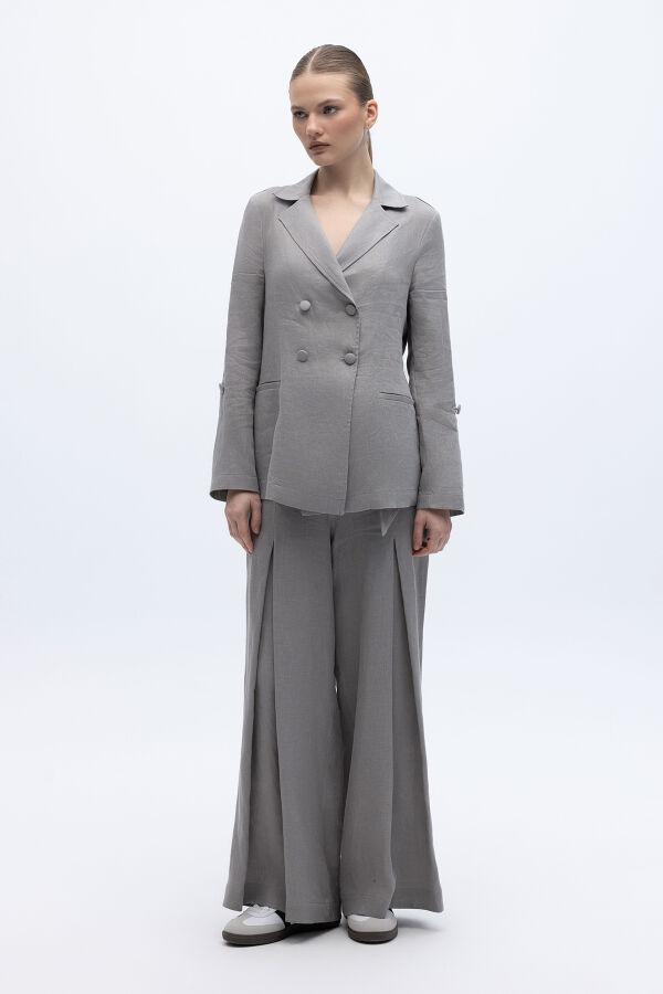 Beli Kuşaklı Bol Paça Keten Pantolon Gri - 1