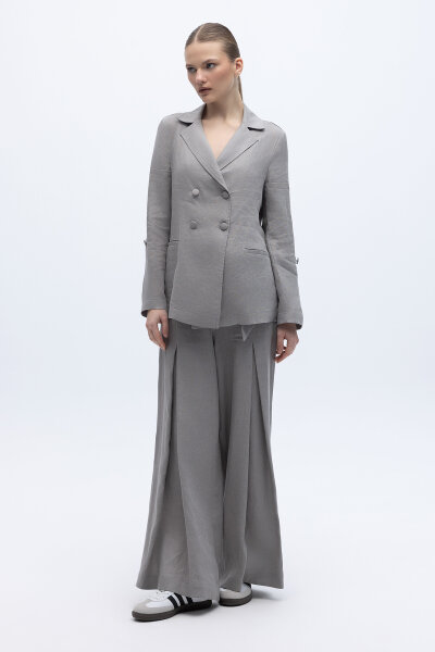 Beli Kuşaklı Bol Paça Keten Pantolon Gri - 2