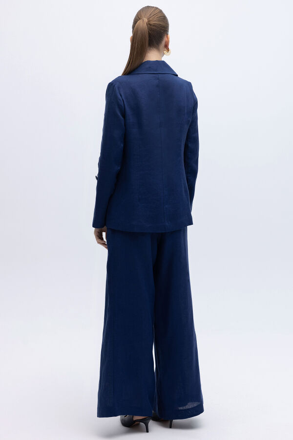 Beli Kuşaklı Bol Paça Keten Pantolon Navy - 2