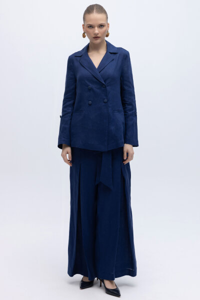 Beli Kuşaklı Bol Paça Keten Pantolon Navy - MISS DALIDA