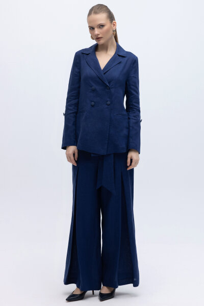 Beli Kuşaklı Bol Paça Keten Pantolon Navy - 3