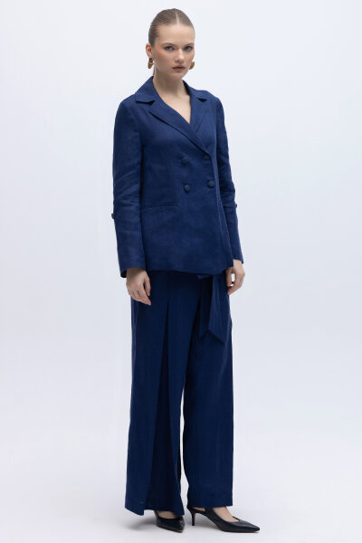 Beli Kuşaklı Bol Paça Keten Pantolon Navy - 4
