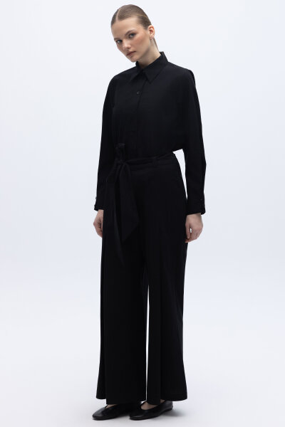 Beli Kuşaklı Bol Paça Pantolon Siyah 