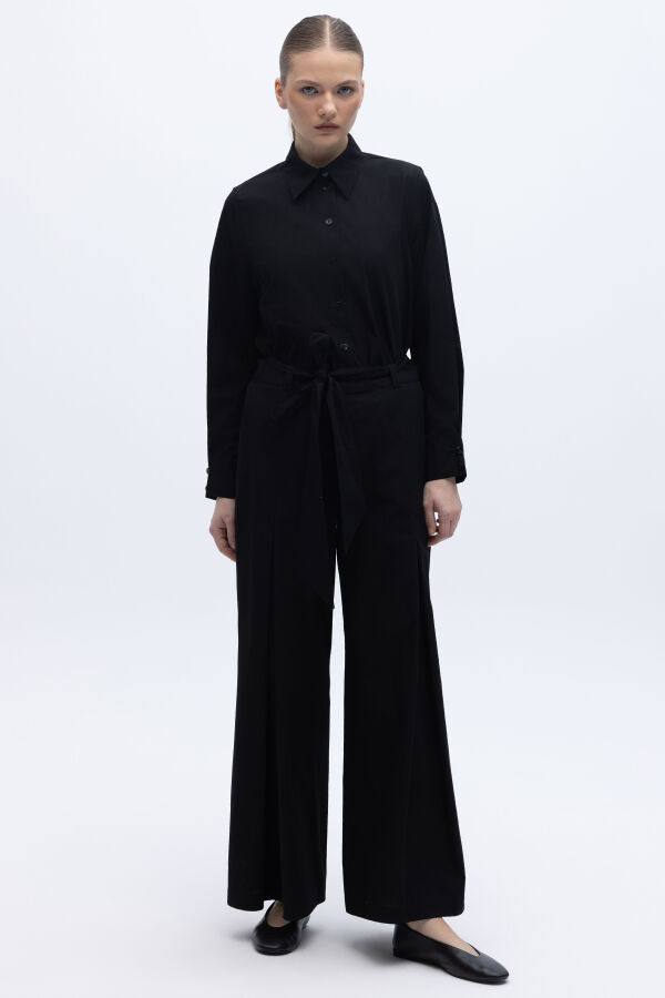 Beli Kuşaklı Bol Paça Pantolon Siyah - 3