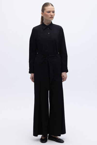 Beli Kuşaklı Bol Paça Pantolon Siyah - 5